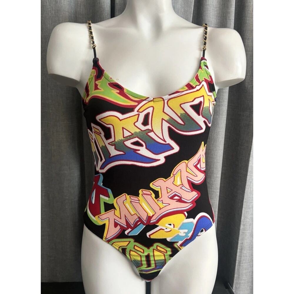 Just Polly NY Grafiti Printed Woven Chain Strap Black Bodysuit Size Small